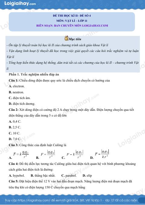 Đề thi học kì 2 Vật lí 11 Kết nối tri thức - Đề số 4